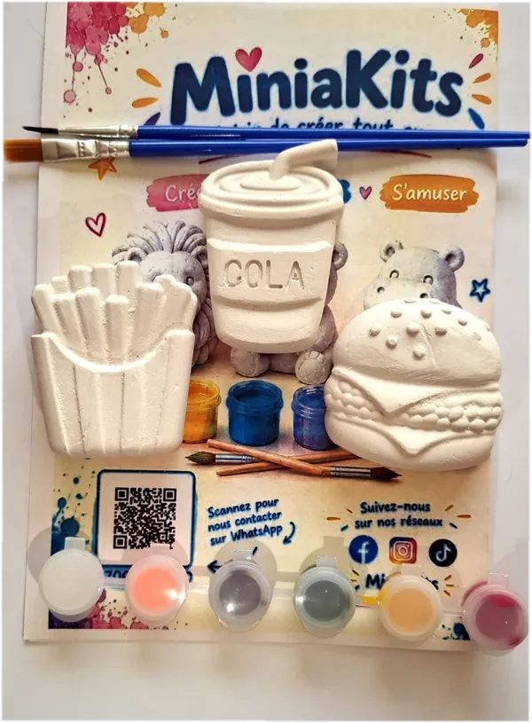 Kit MiniaKits fast-food : frites, cola et burger en plâtre, peintures et pinceaux