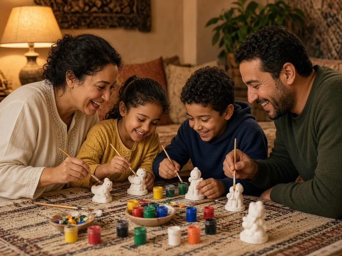 Famille marocaine peignant des figurines en plâtre ensemble
