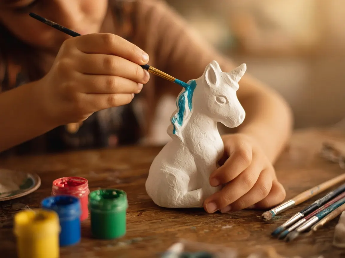 Mains d'enfant peignant une figurine en plâtre